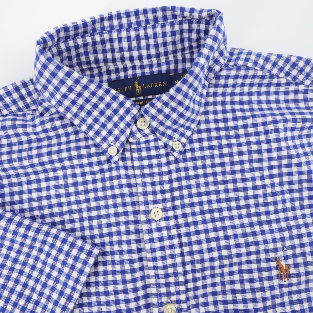 Polo Ralph Lauren Gingham Shirt Blue Short Sleeve Mens M Slim Fit Flesh Pony